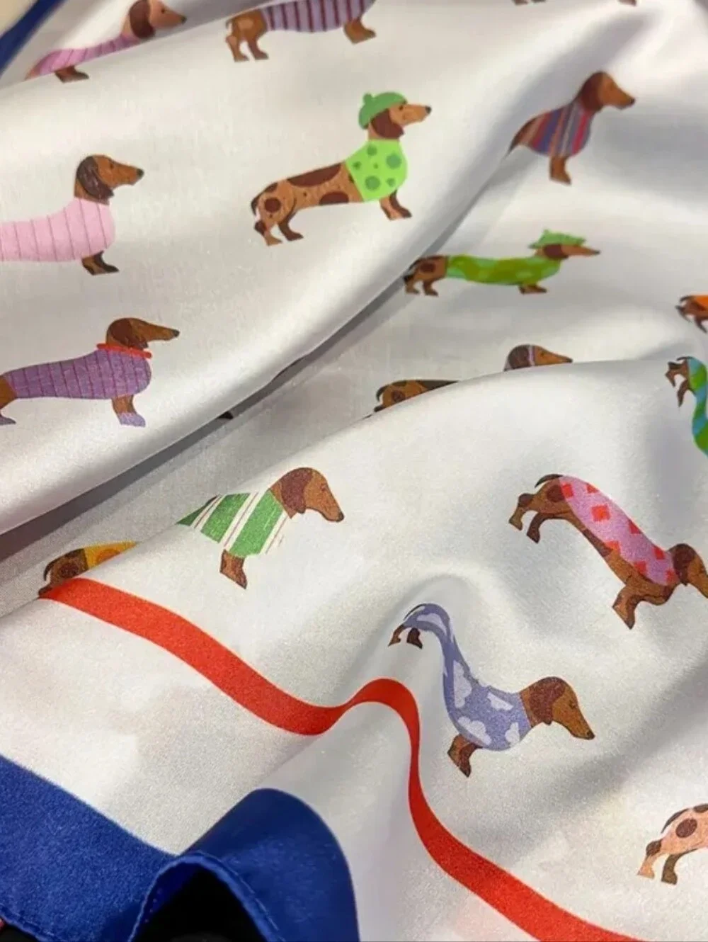 Silk-feel Dog Print Women's Scarf in White with Blue Trim